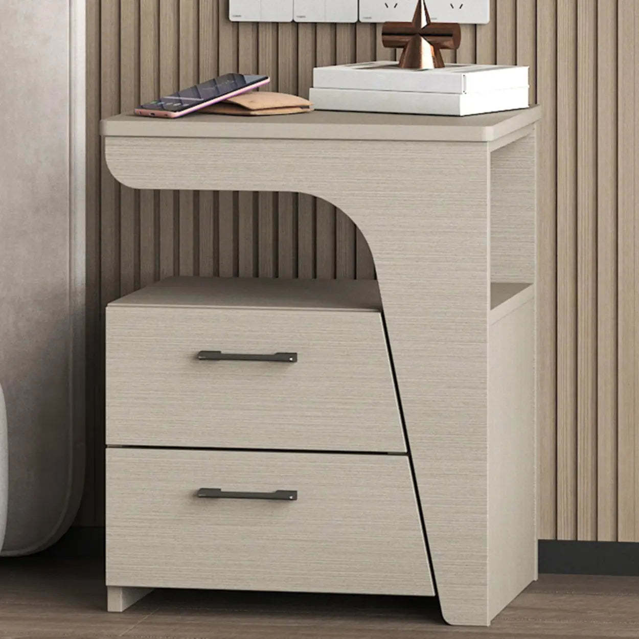 White Wood Nightstand with 2 Drawers and Shelf — Beige / Right