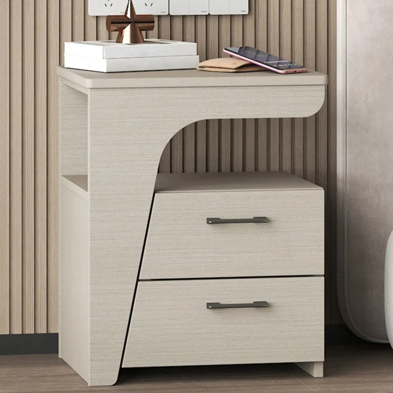 White Wood Nightstand with 2 Drawers and Shelf — Dark Gray / Right
