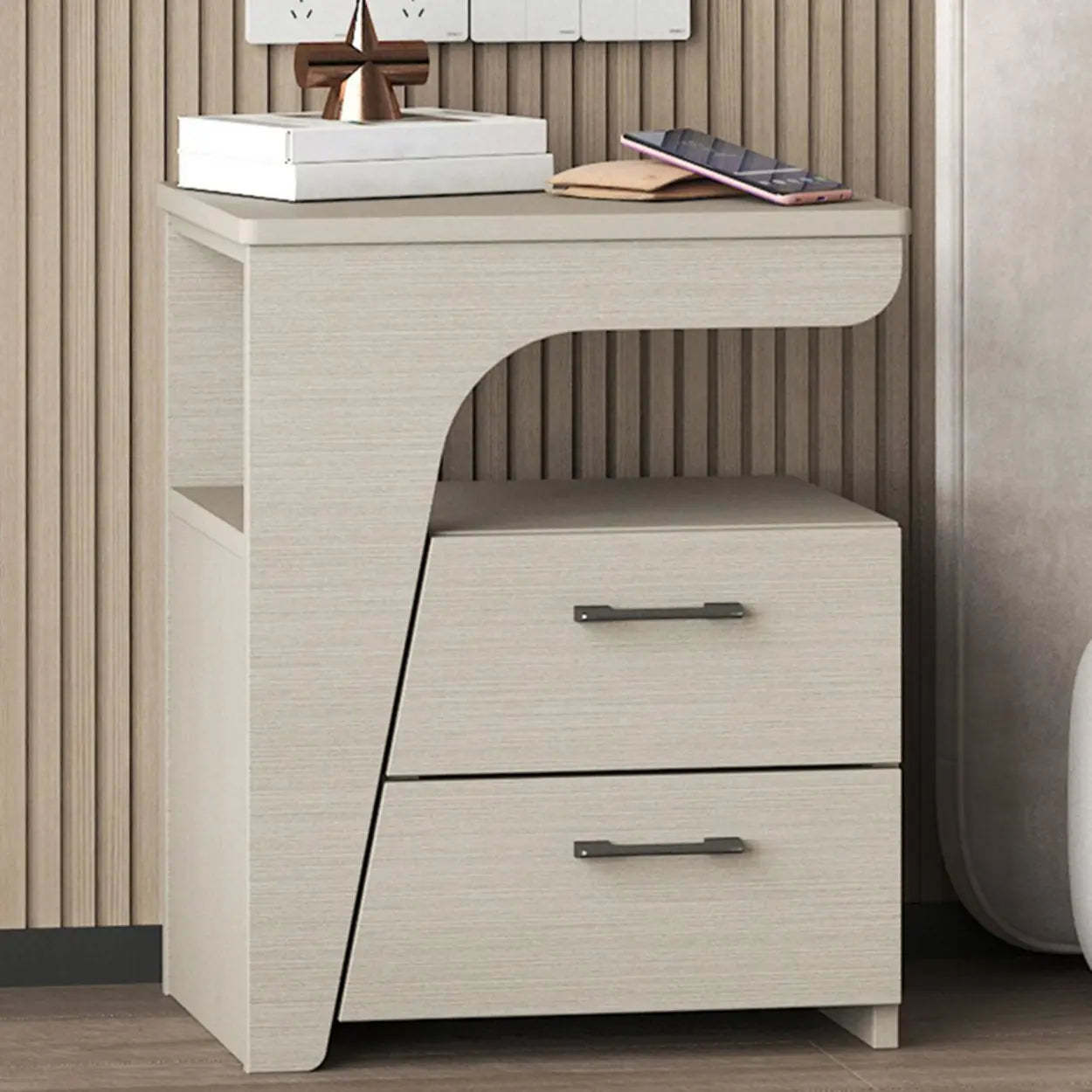 White Wood Nightstand with 2 Drawers and Shelf — Dark Gray / Right