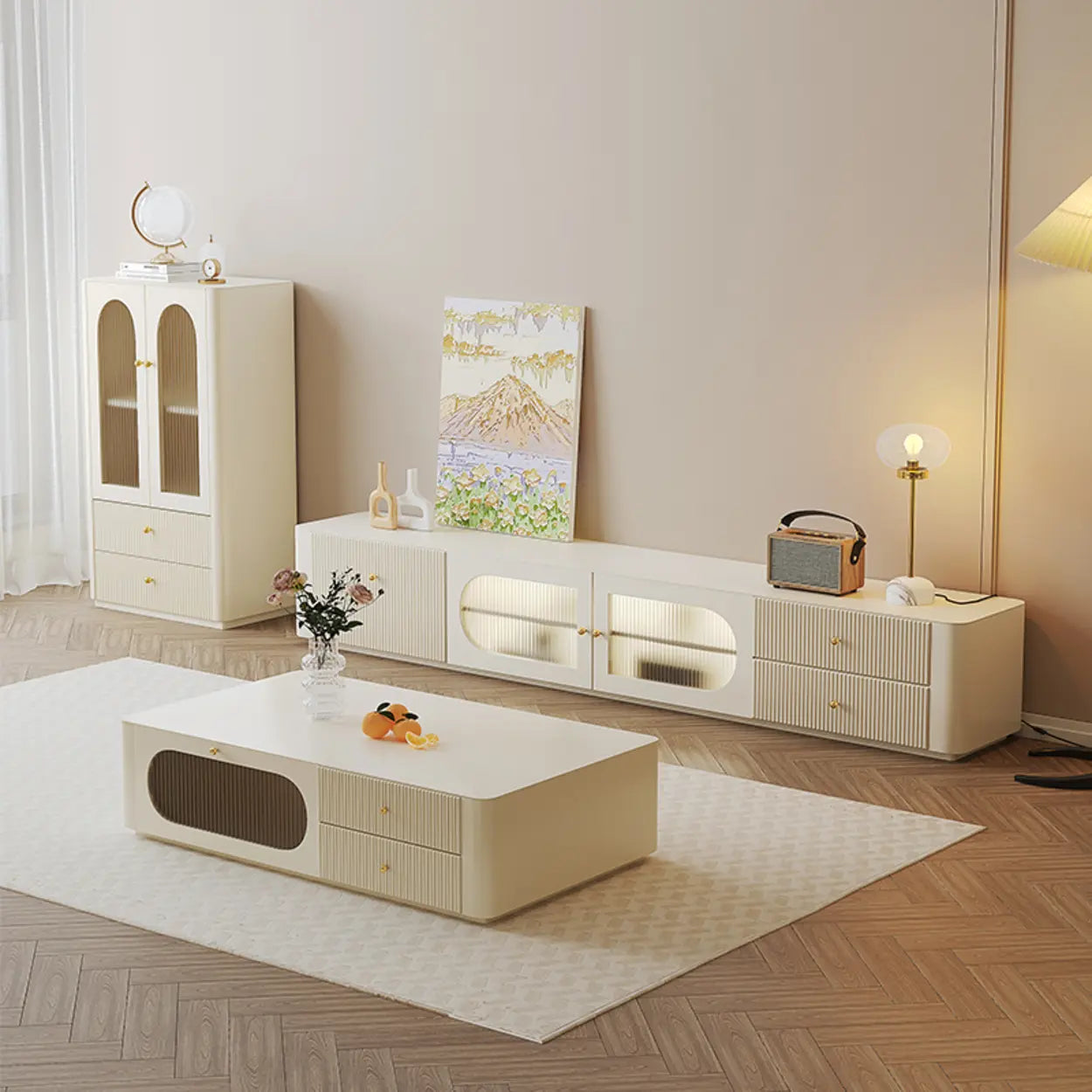 White Wood Shelf Cabinet Drawer TV Stand