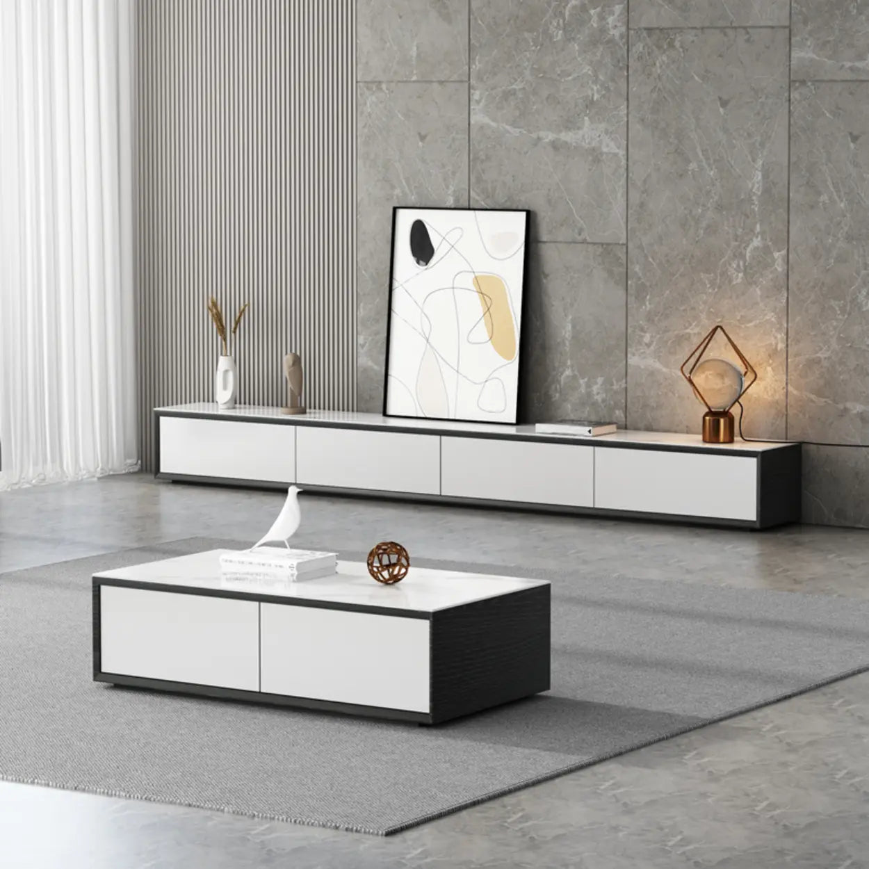 White Wood Slate Long TV Stand with Drawers
