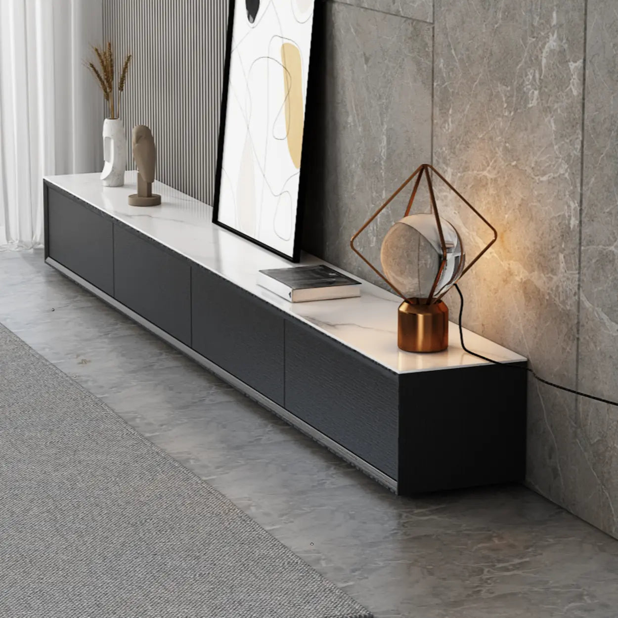 White Wood Slate Long TV Stand with Drawers — Black / Solid Wood & Slate