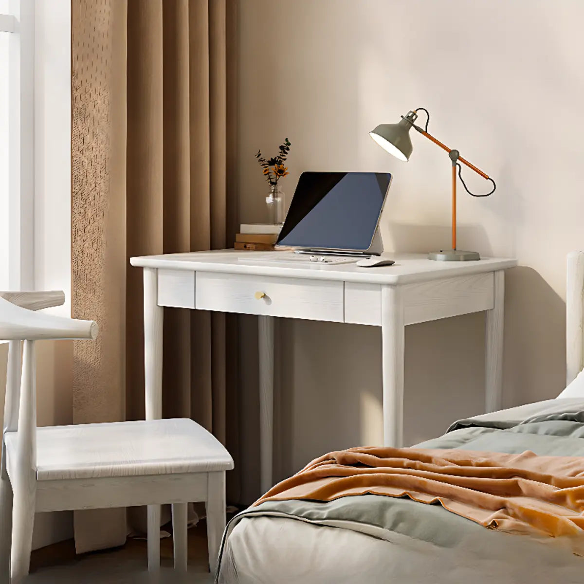 White Wood Butcher Block Soft-Close Drawer Writing Desk