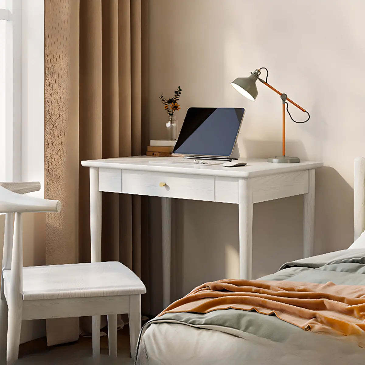 White Wood Butcher Block Soft-Close Drawer Writing Desk — Without Chairs