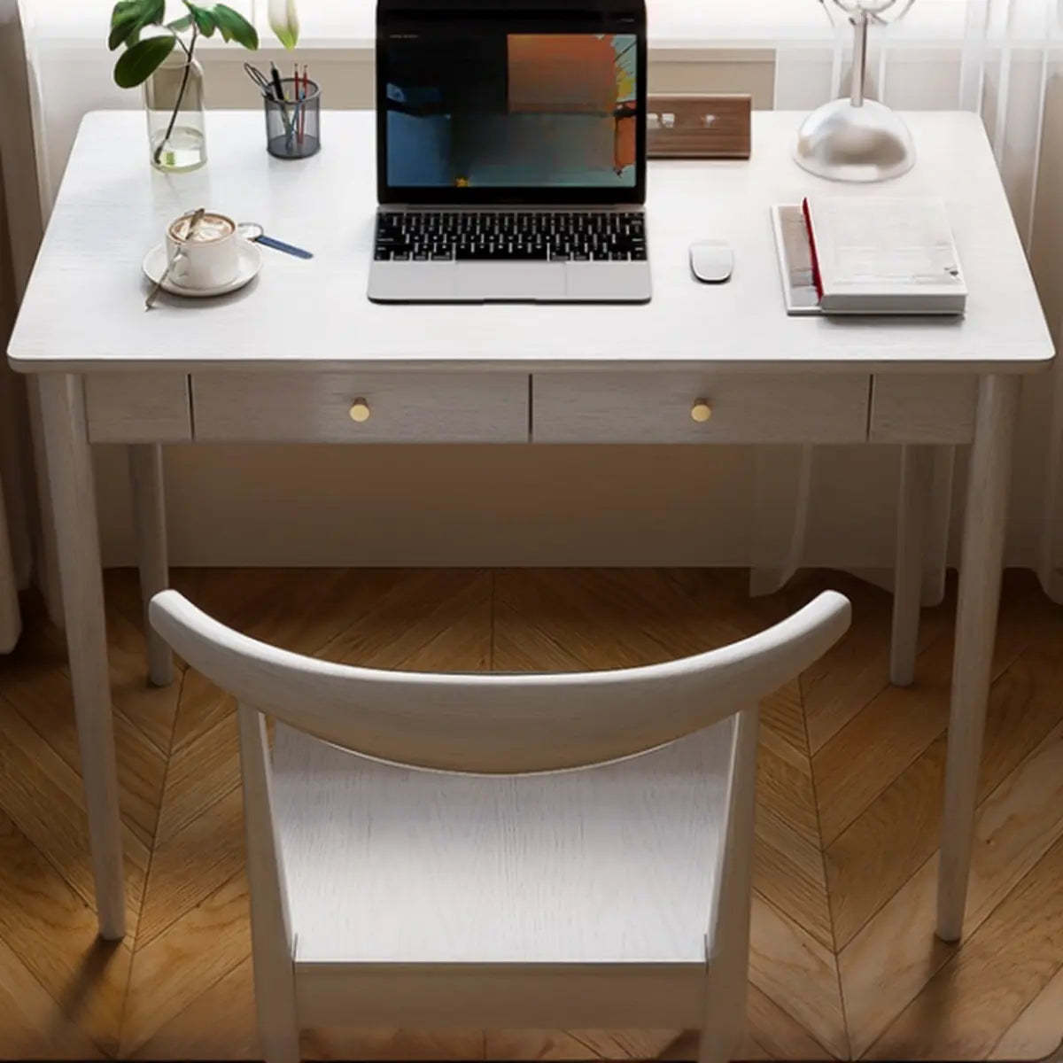 White Wood Butcher Block Soft-Close Drawer Writing Desk