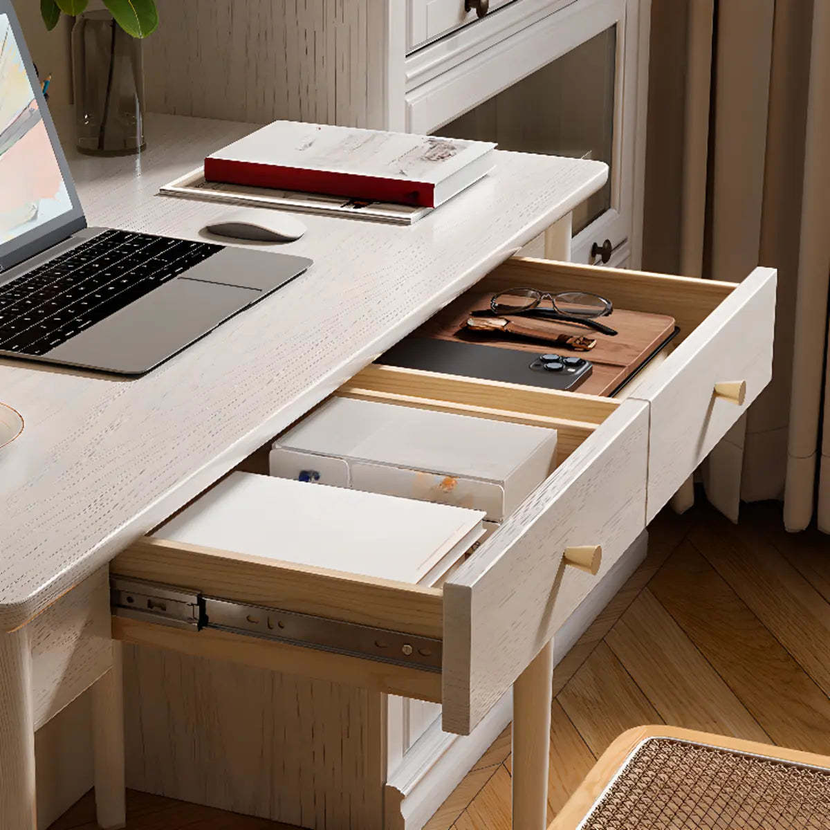White Wood Butcher Block Soft-Close Drawer Writing Desk
