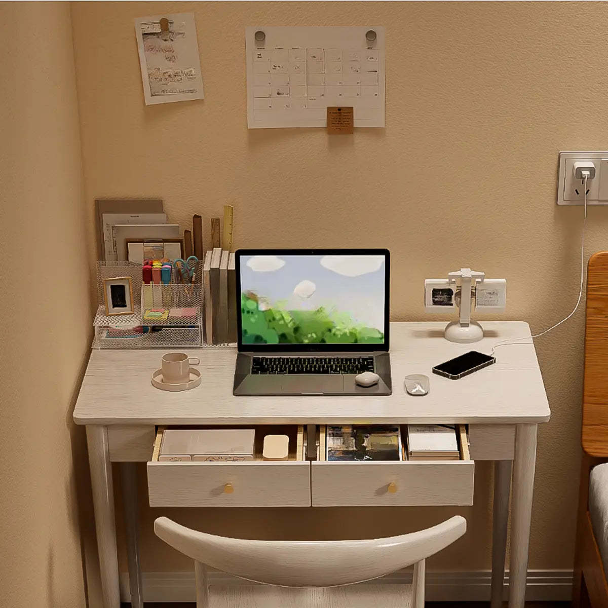 White Wood Butcher Block Soft-Close Drawer Writing Desk