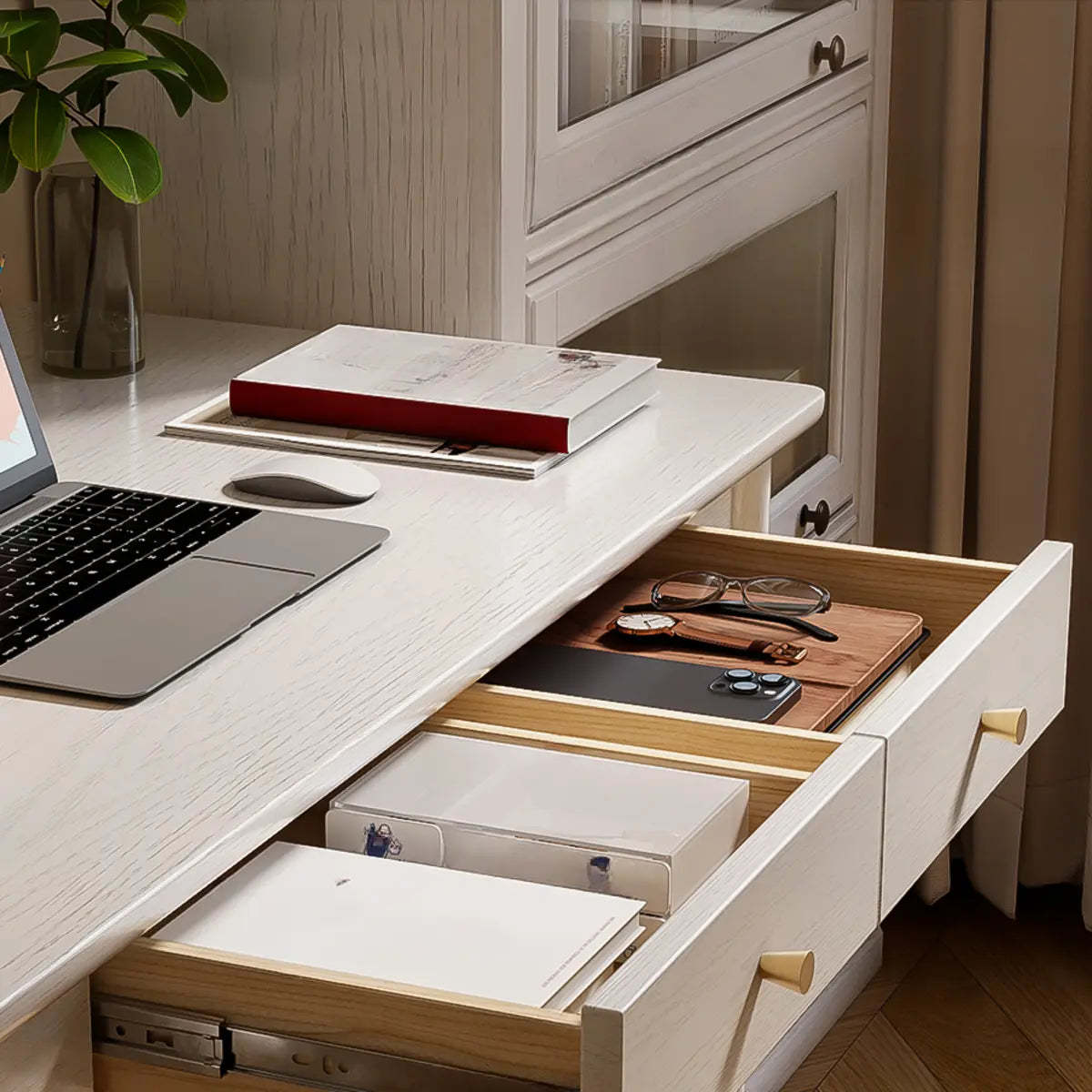 White Wood Butcher Block Soft-Close Drawer Writing Desk