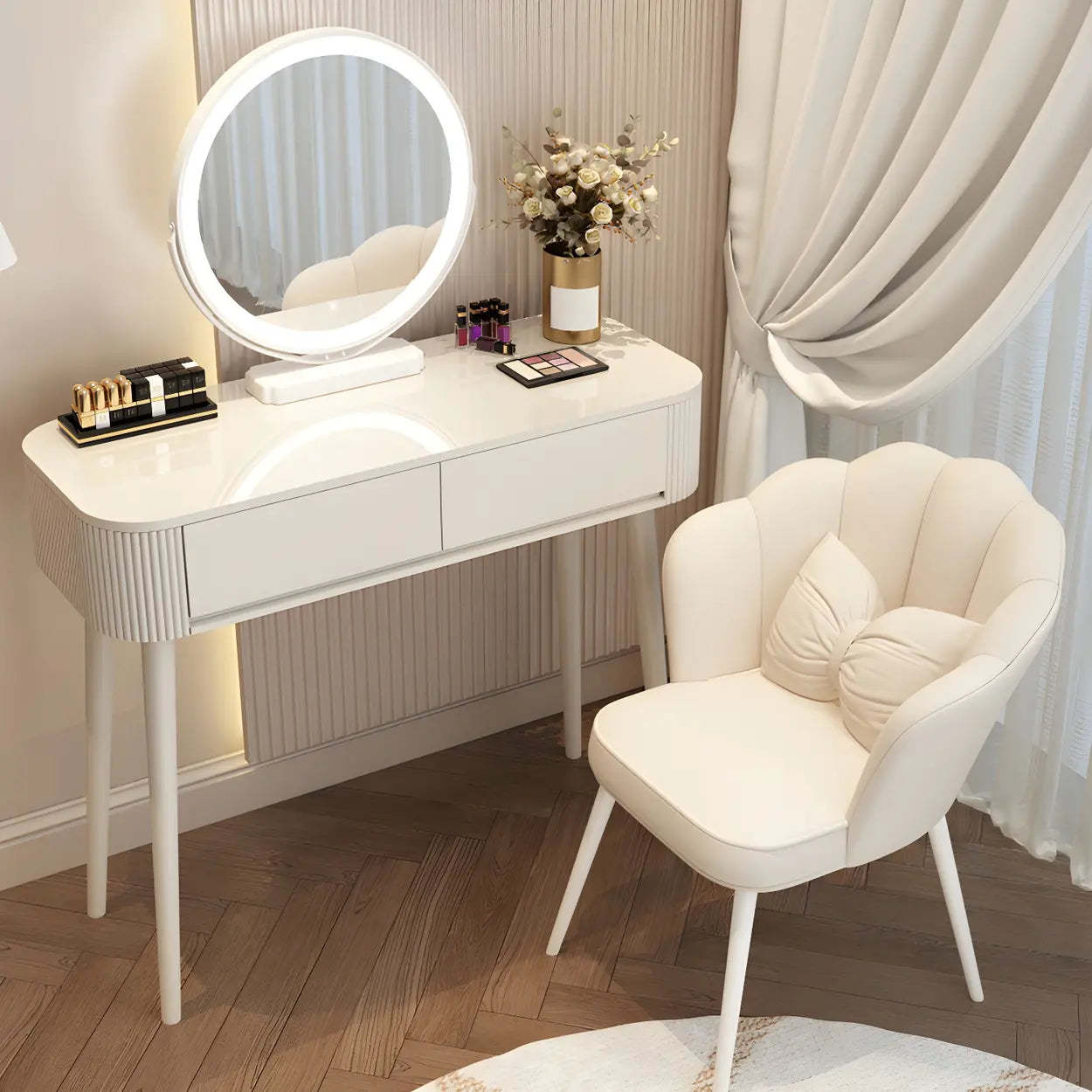 White Wood Makeup Vanity with Drawers — White