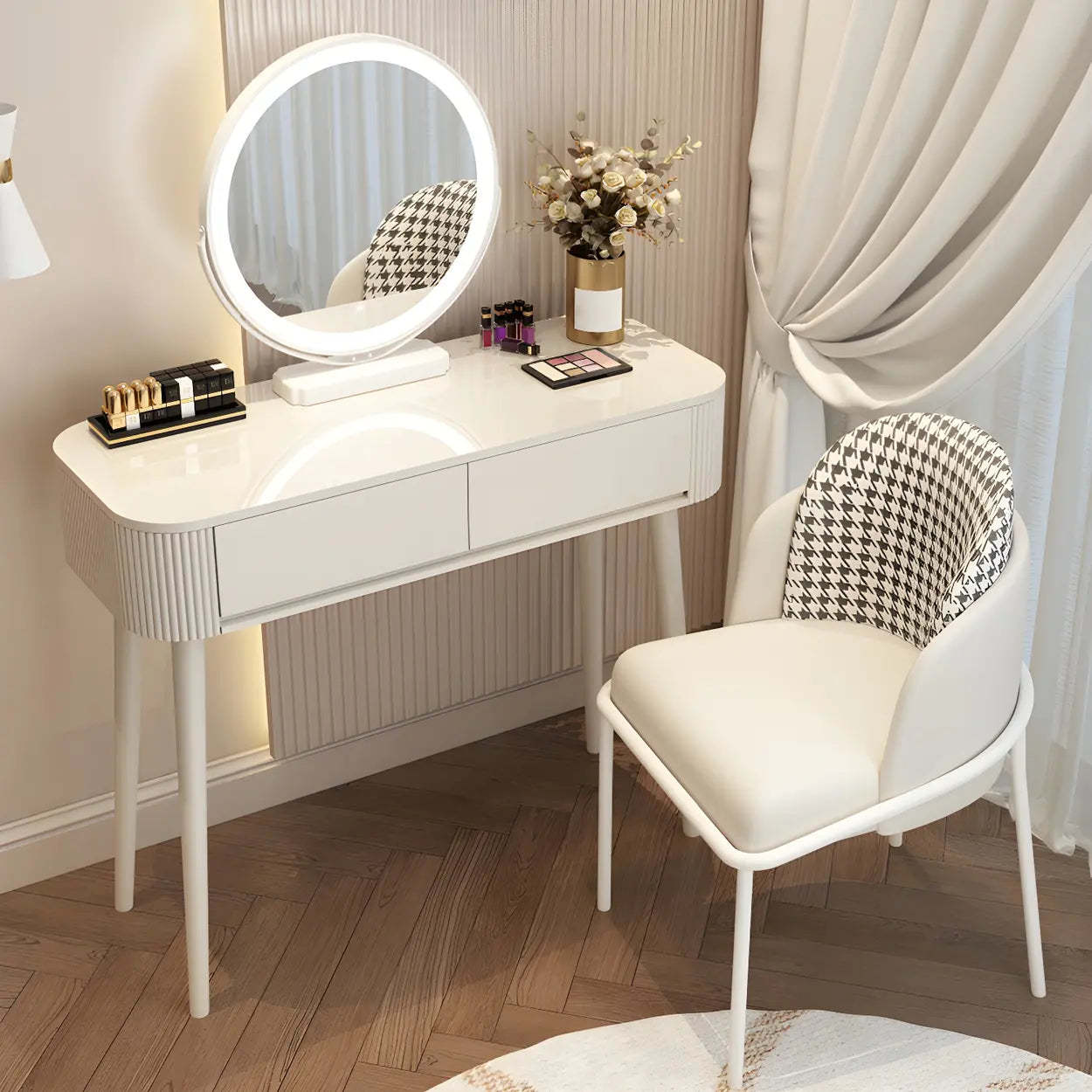 White Wood Makeup Vanity with Drawers — Gray-White