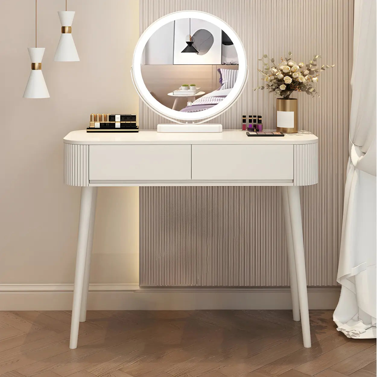 White Wood Makeup Vanity with Drawers — White