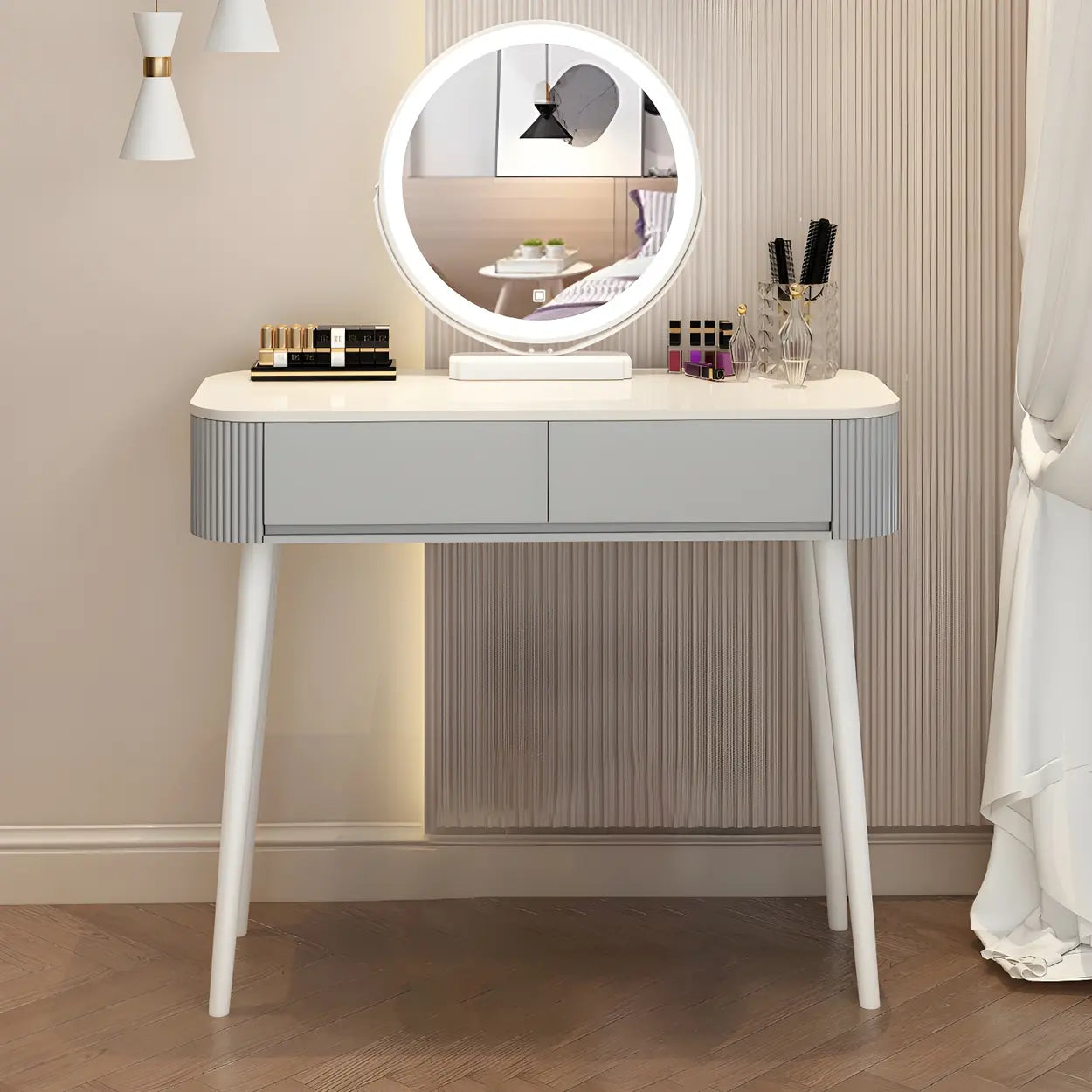 White Wood Makeup Vanity with Drawers — Gray-White