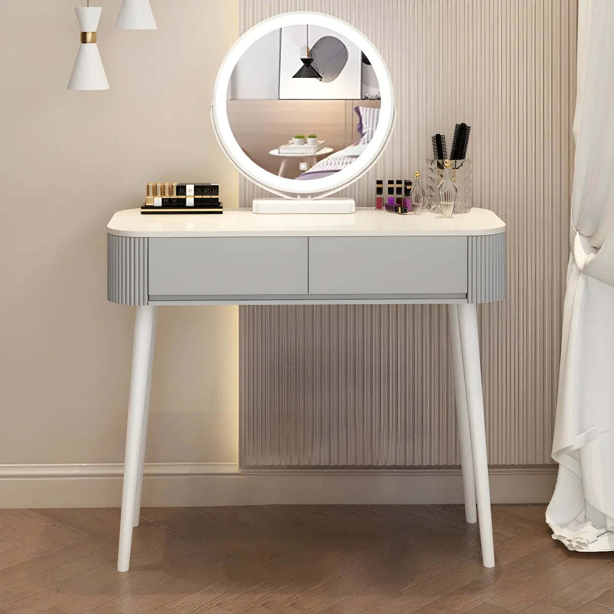 White Wood Makeup Vanity with Drawers — Gray-White
