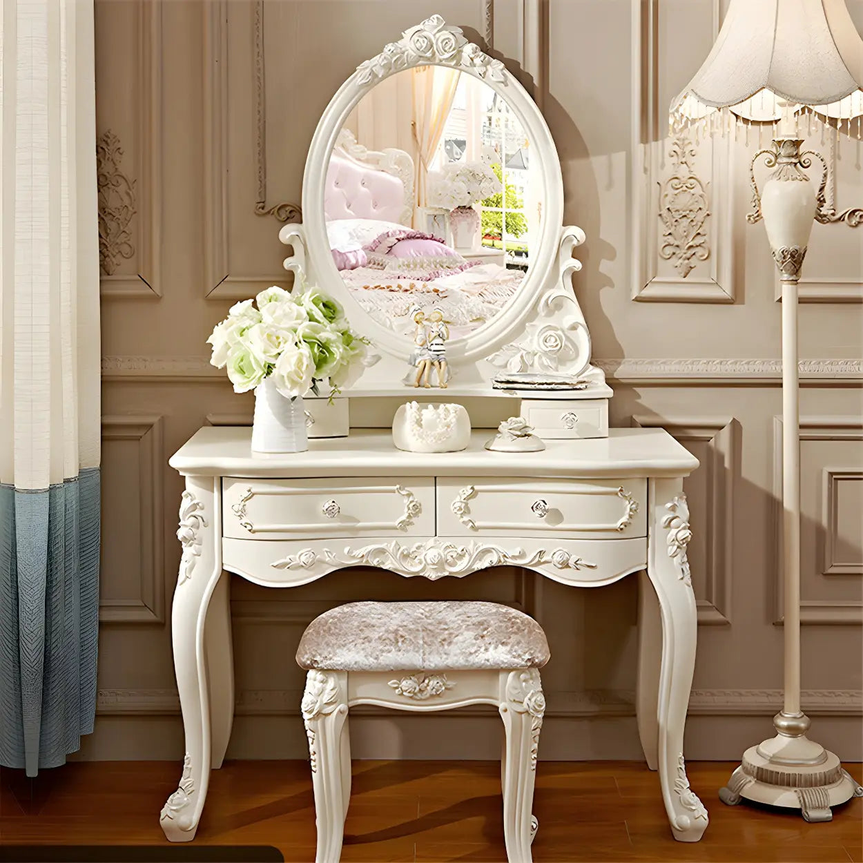 White Wood Makeup Vanity with Mirror