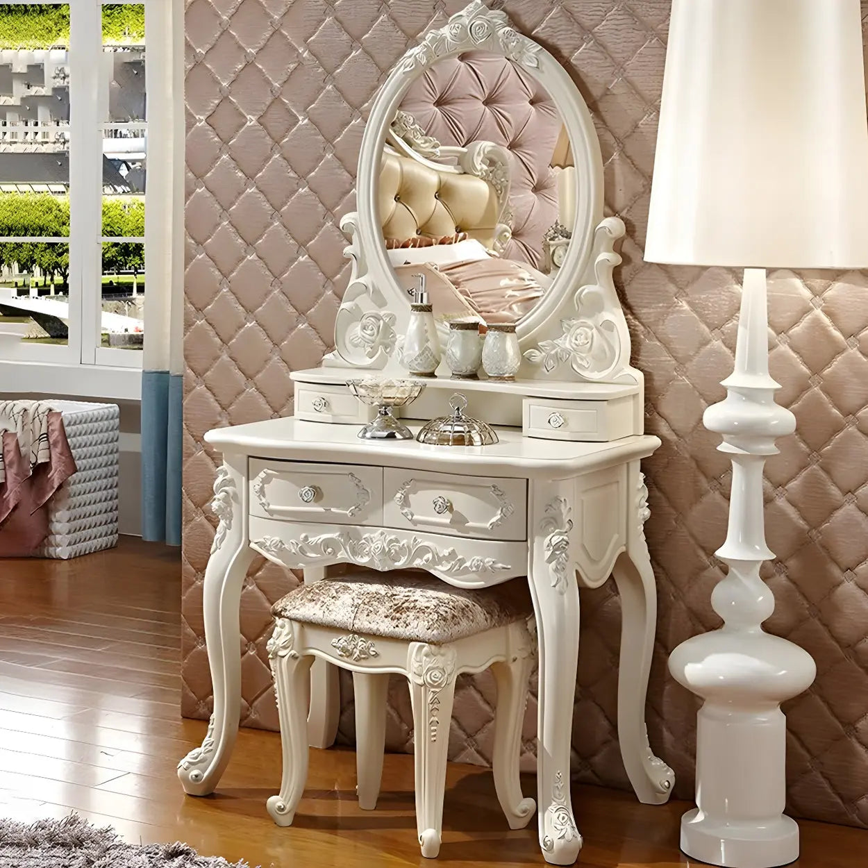 White Wood Makeup Vanity with Mirror