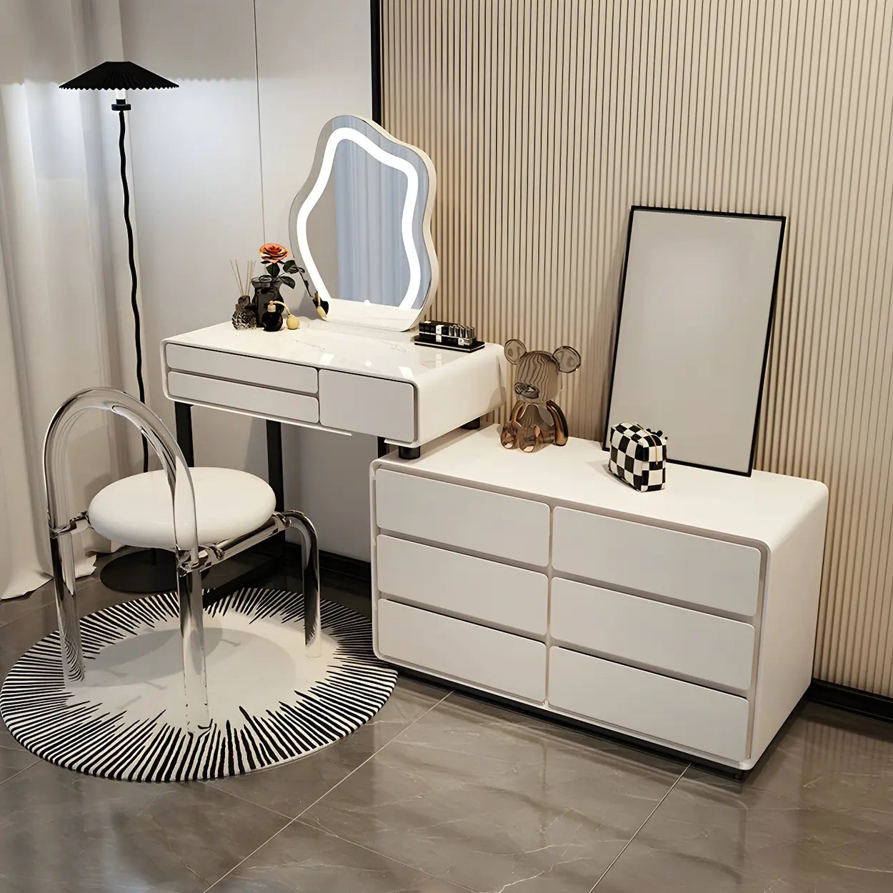 White Wood Stone Vanity with Drawers Seat — Makeup Vanity / 6