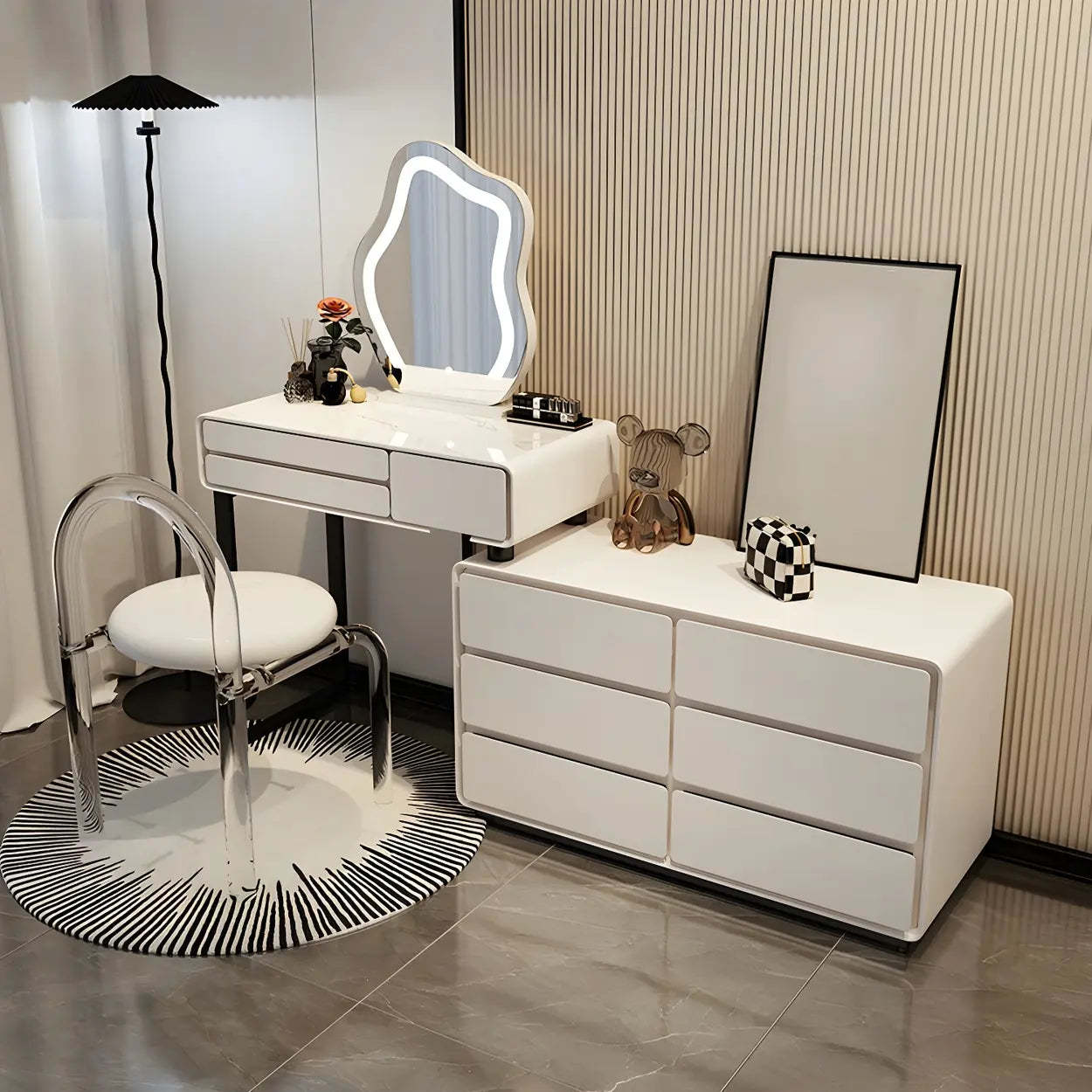 White Wood Stone Vanity with Drawers Seat — Makeup Vanity / 6