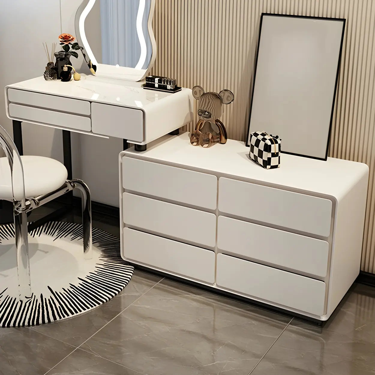 White Wood Stone Vanity with Drawers Seat — Makeup Vanity / 9