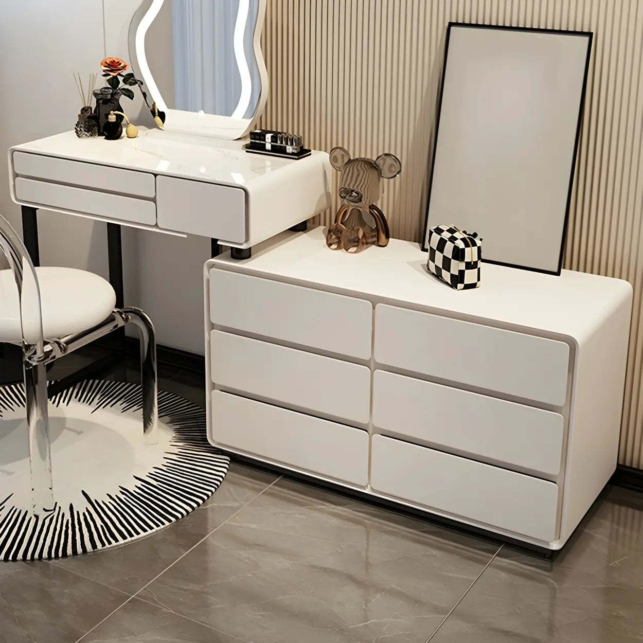 White Wood Stone Vanity with Drawers Seat — Makeup Vanity / 9
