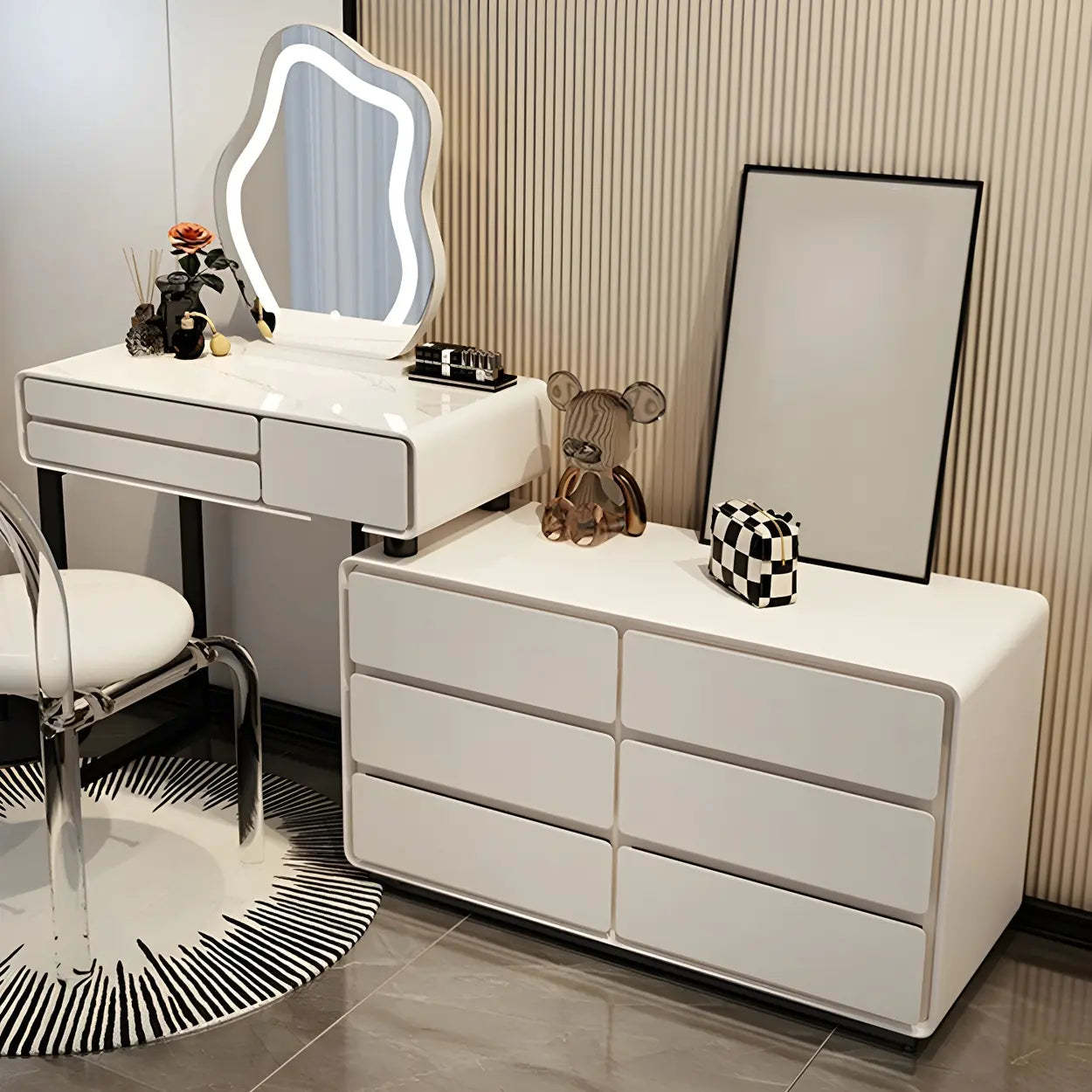 White Wood Stone Vanity with Drawers Seat — Makeup Vanity & Mirror / 9