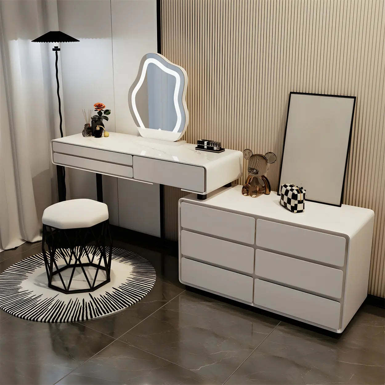White Wood Stone Vanity with Drawers Seat — Vanity & Acrylic Chair & Mirror / 9