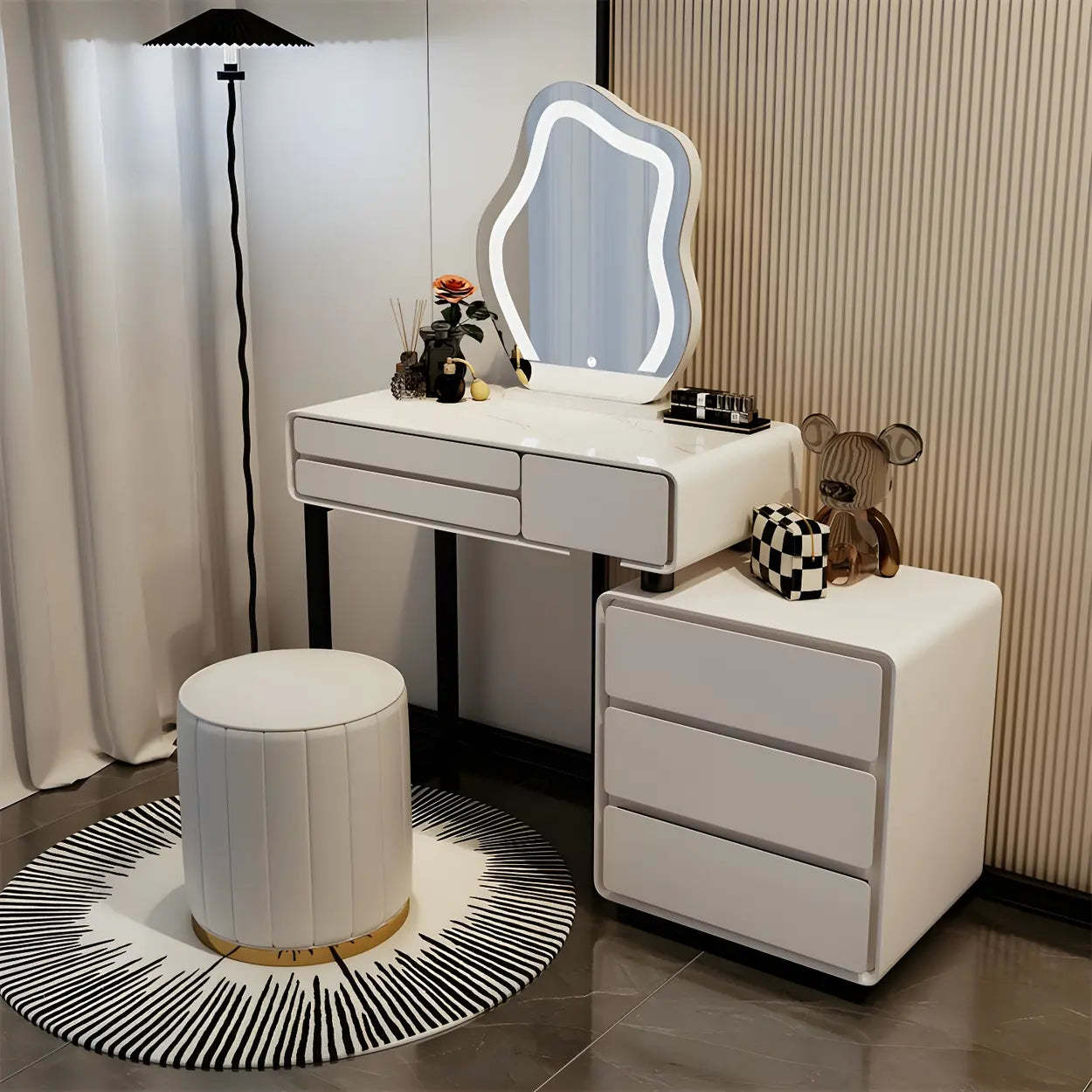 White Wood Stone Vanity with Drawers Seat — Makeup Vanity & Mirror / 9