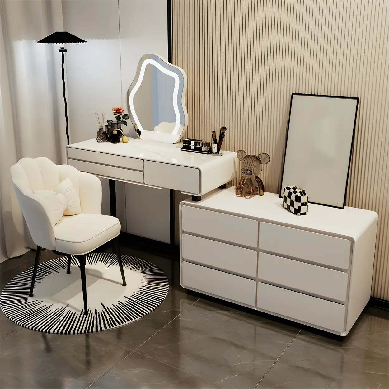 White Wood Stone Vanity with Drawers Seat — Vanity & Acrylic Chair & Mirror / 9