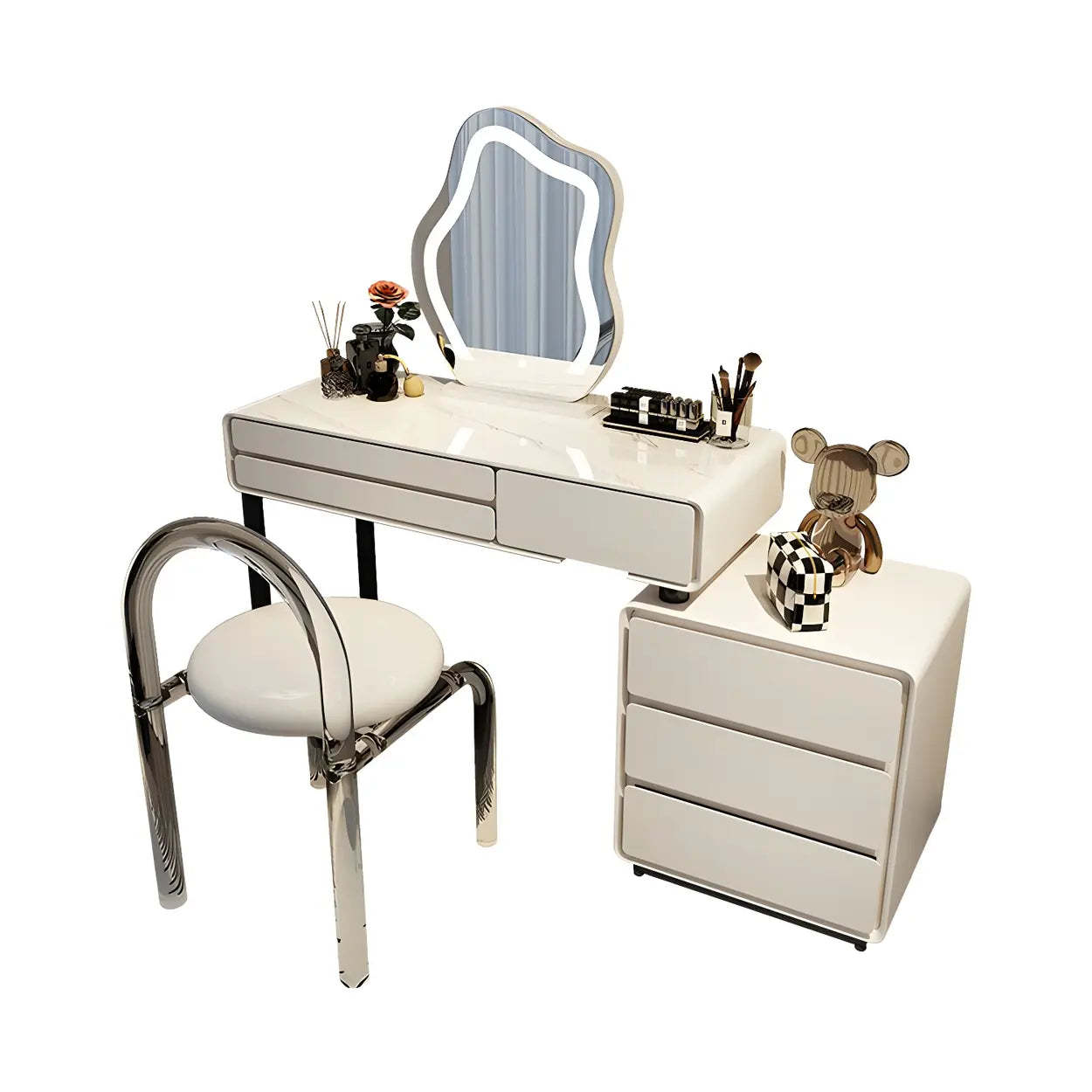 White Wood Stone Vanity with Drawers Seat