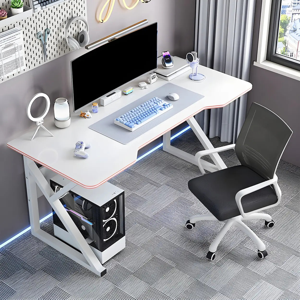 White Wood Steel Trestle Curved Computer Desk with Storage — Black / Without Chairs