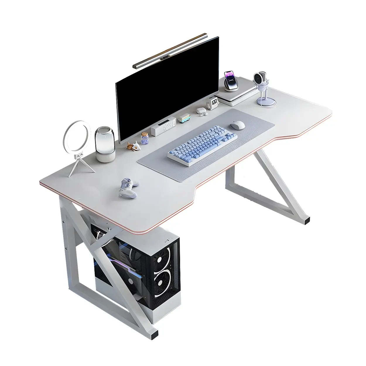 White Wood Steel Trestle Curved Computer Desk with Storage