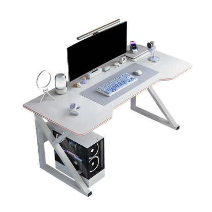 White Wood Steel Trestle Curved Computer Desk with Storage