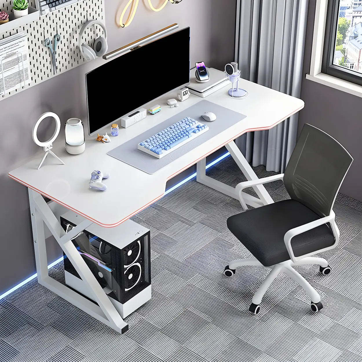 White Wood Steel Trestle Curved Computer Desk with Storage — Black / Without Chairs
