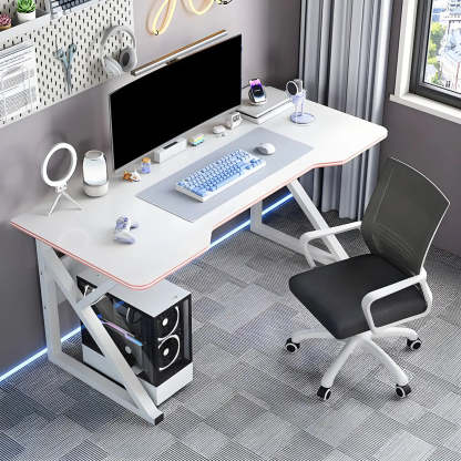 White Wood Steel Trestle Curved Computer Desk with Storage — Black / Without Chairs