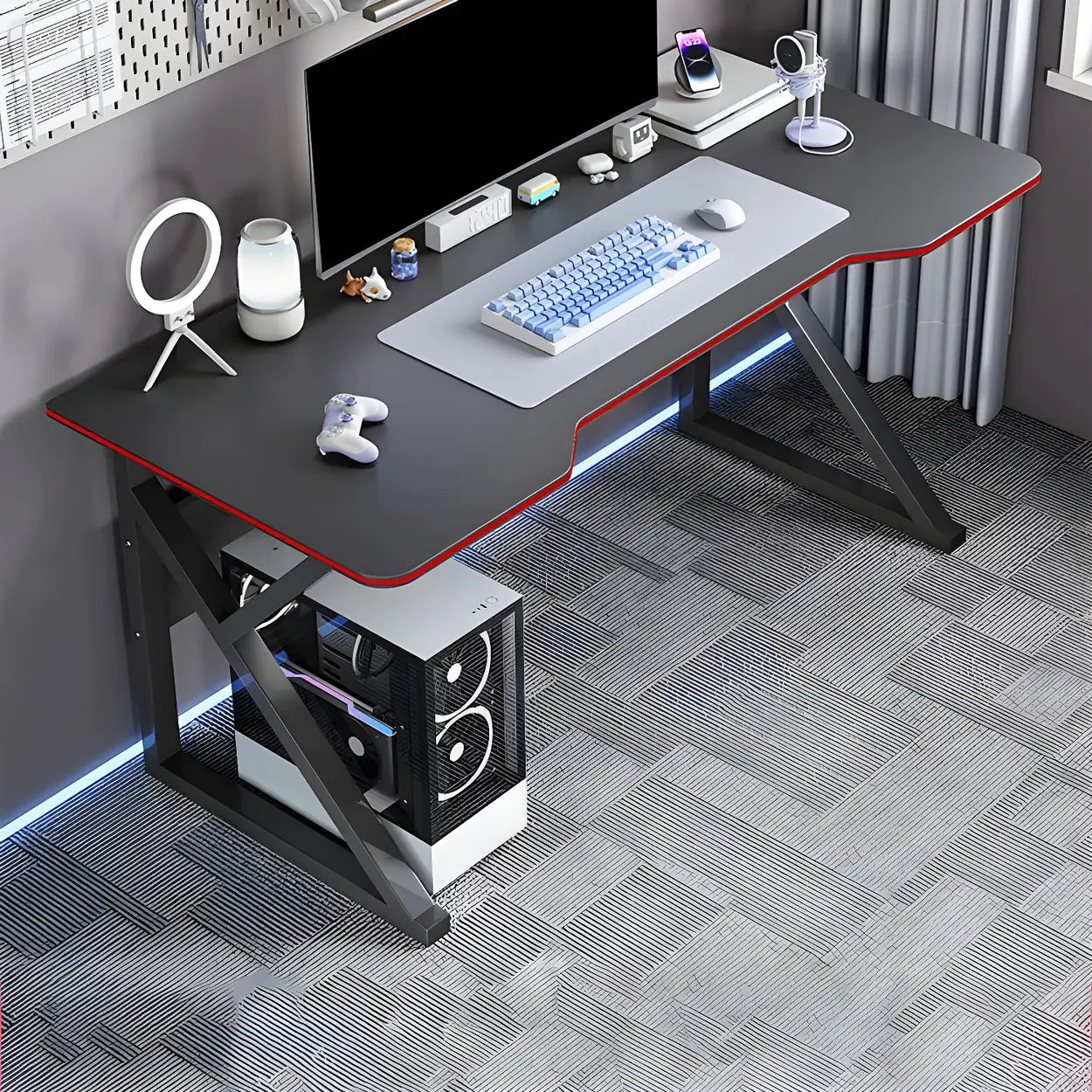 White Wood Steel Trestle Curved Computer Desk with Storage — White / Without Chairs