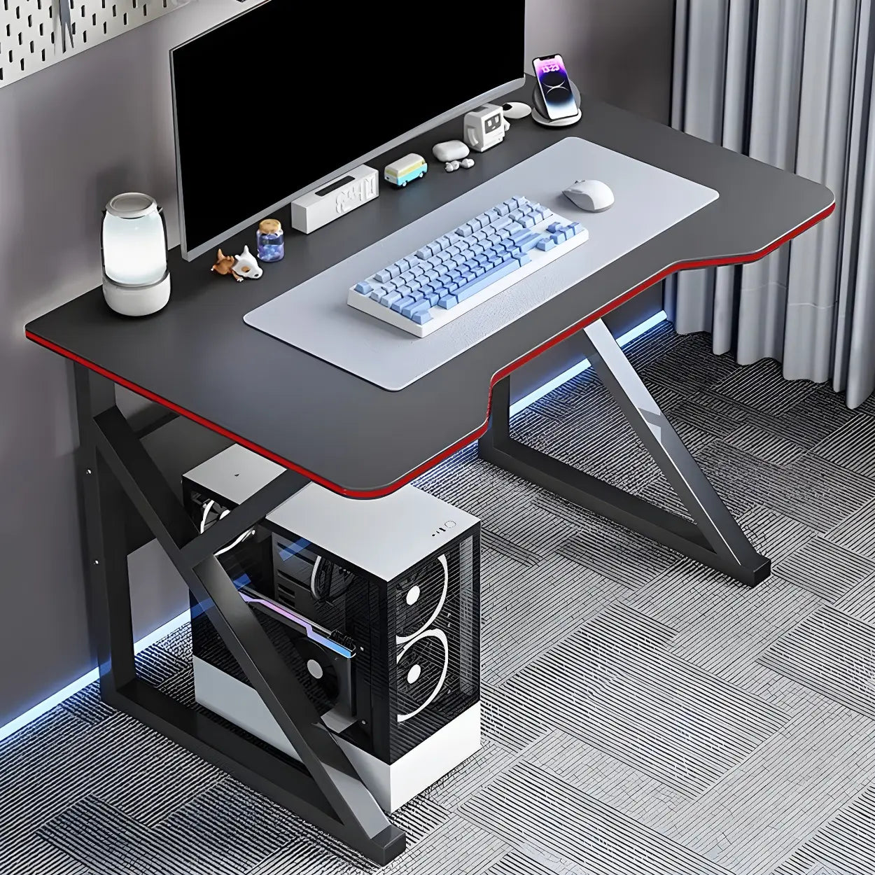 White Wood Steel Trestle Curved Computer Desk with Storage — Black / Without Chairs