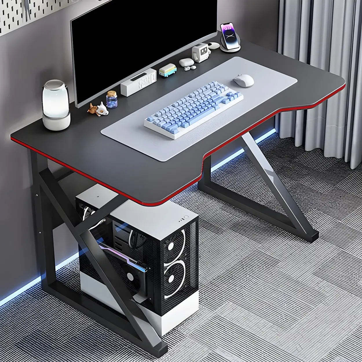 White Wood Steel Trestle Curved Computer Desk with Storage — Black / Without Chairs