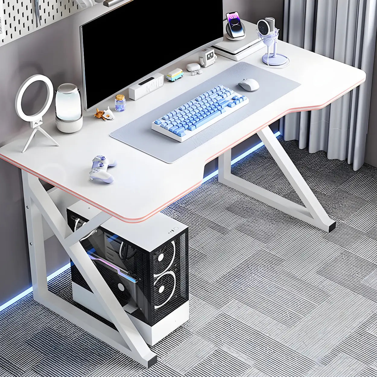 White Wood Steel Trestle Curved Computer Desk with Storage — White / Without Chairs