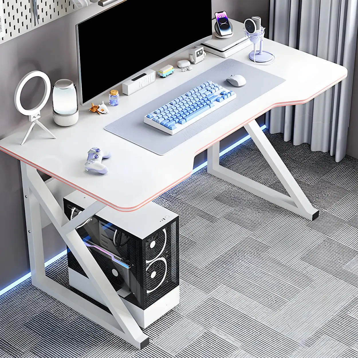 White Wood Steel Trestle Curved Computer Desk with Storage — White / Without Chairs