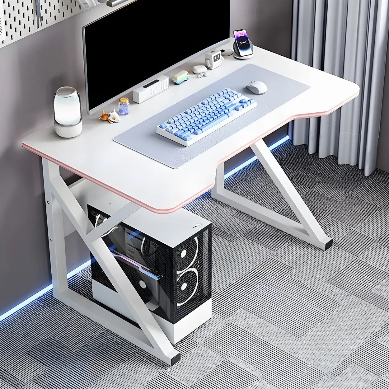 White Wood Steel Trestle Curved Computer Desk with Storage — Black / Without Chairs