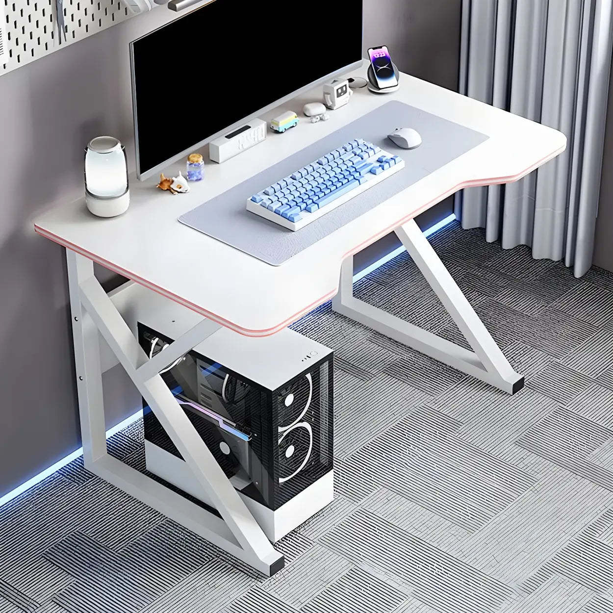 White modern curved trestle desks — 31.5" L x 19.7" W x 28.7" H