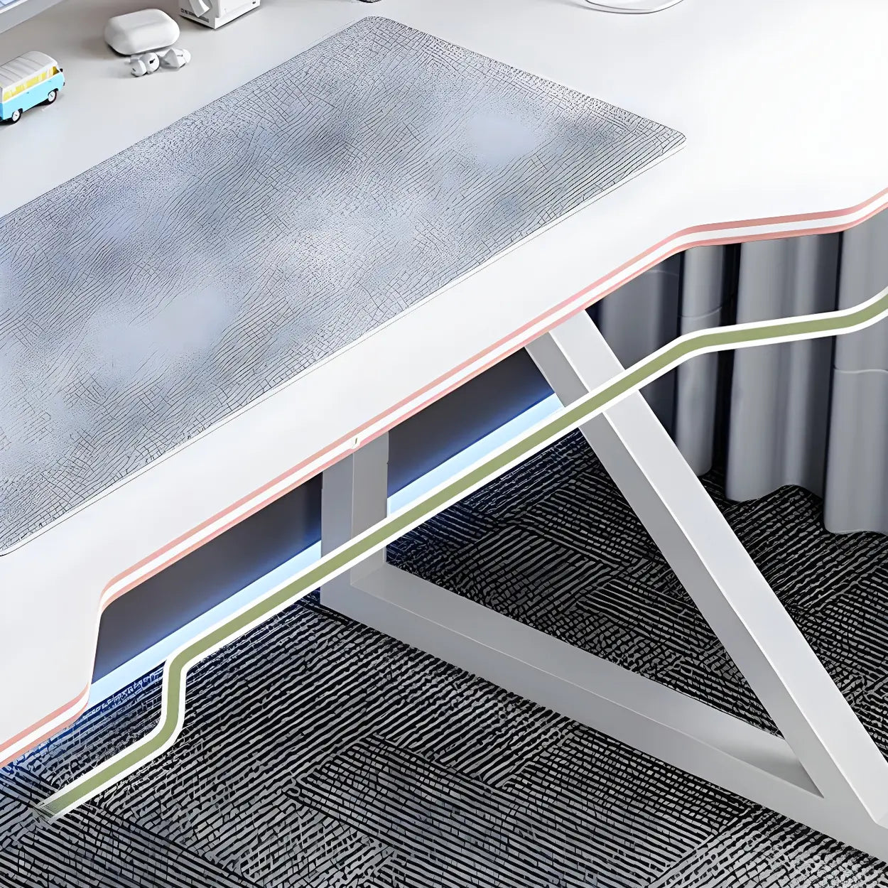 White Wood Steel Trestle Curved Computer Desk with Storage — White / Without Chairs