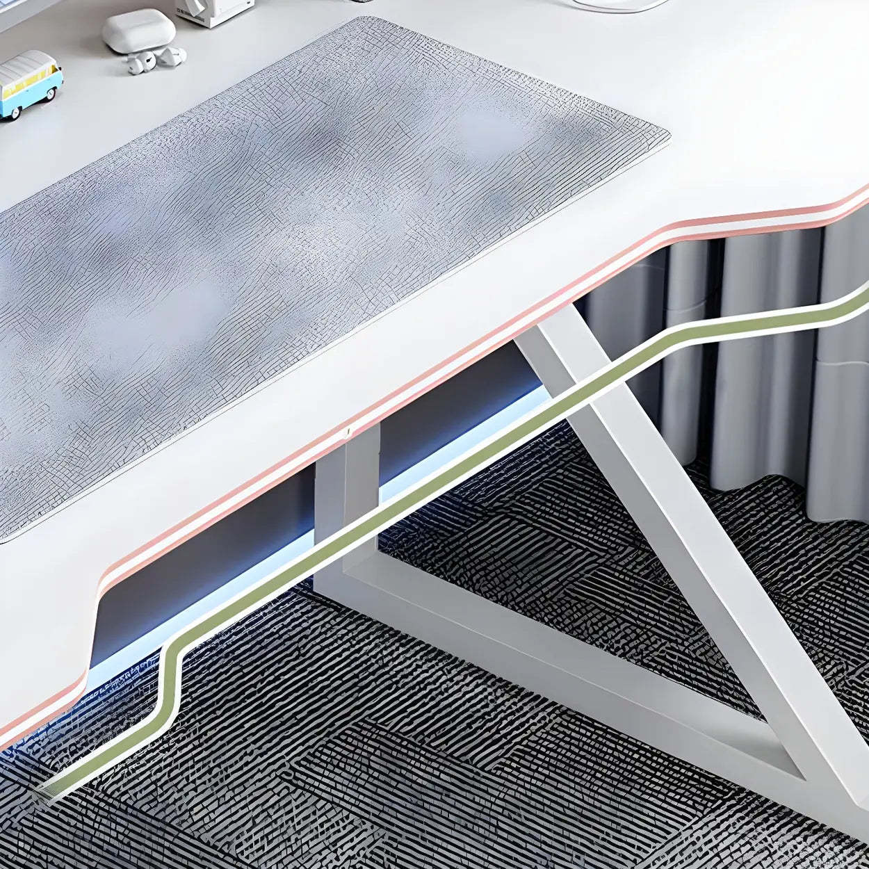 White Wood Steel Trestle Curved Computer Desk with Storage — White / Without Chairs