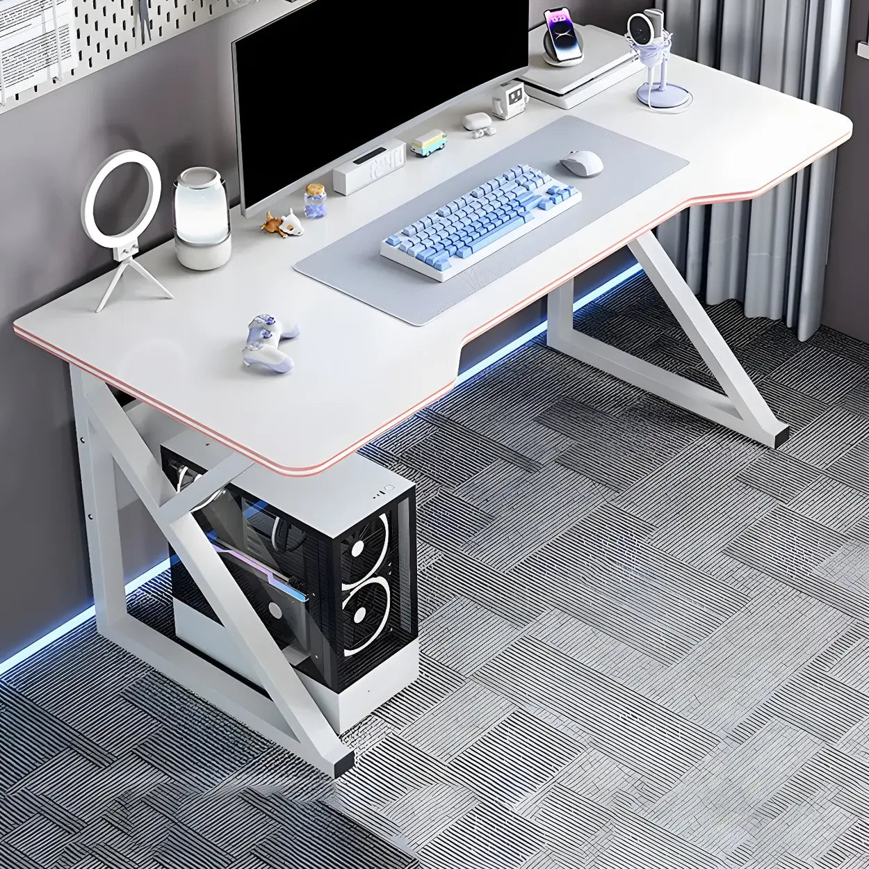 White Wood Steel Trestle Curved Computer Desk with Storage — Black / Without Chairs