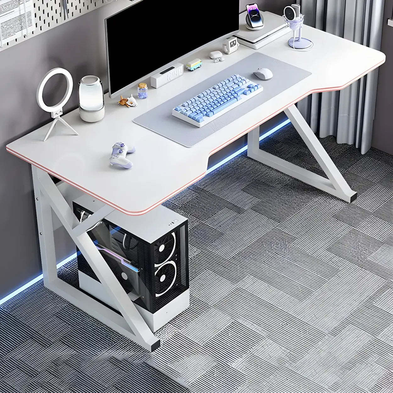 White Wood Steel Trestle Curved Computer Desk with Storage — Black / Without Chairs