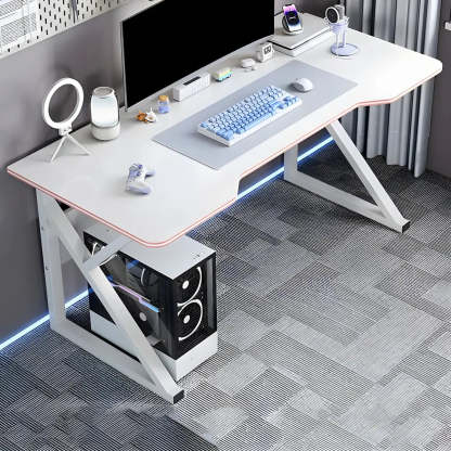White Wood Steel Trestle Curved Computer Desk with Storage — Black / Without Chairs