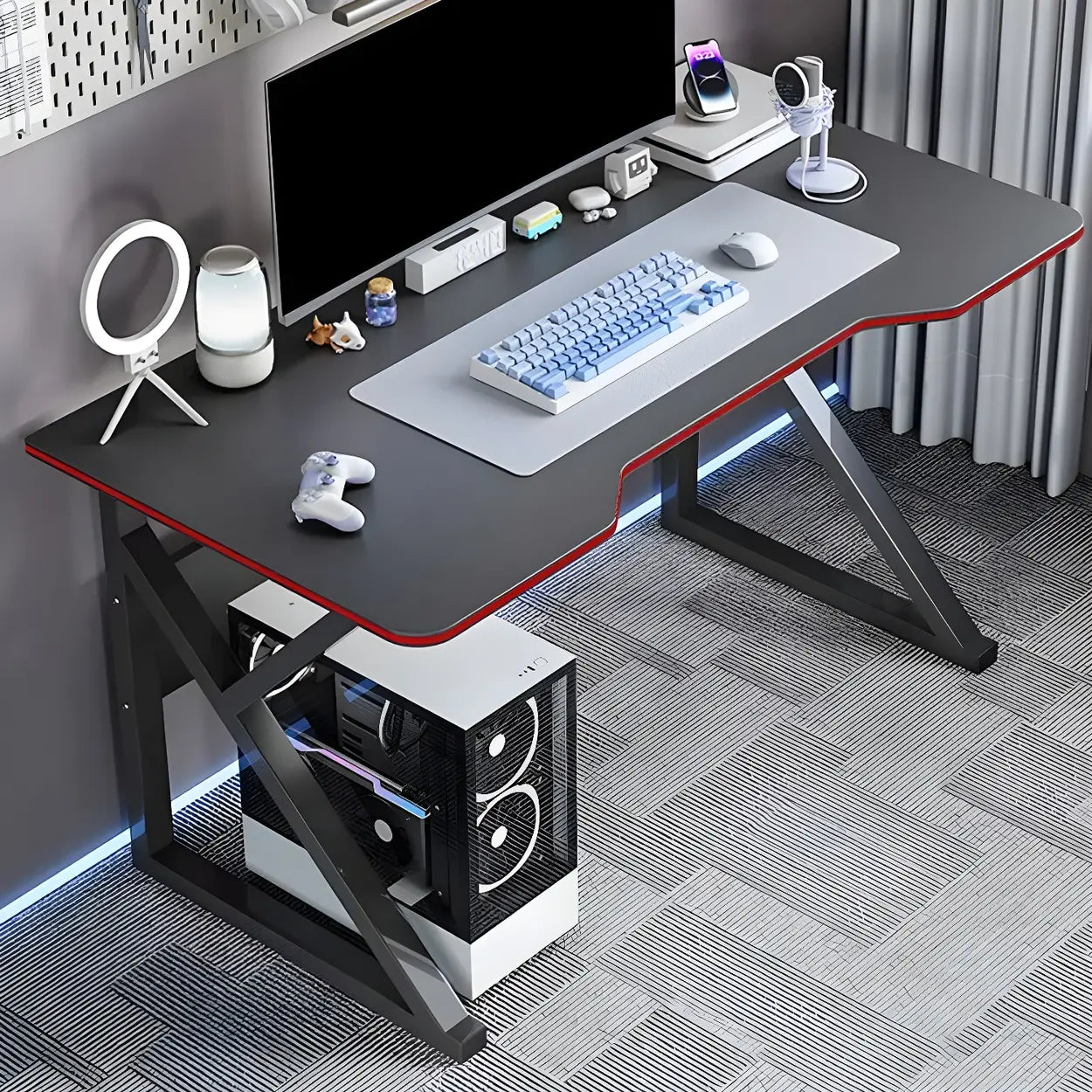 White Wood Steel Trestle Curved Computer Desk with Storage