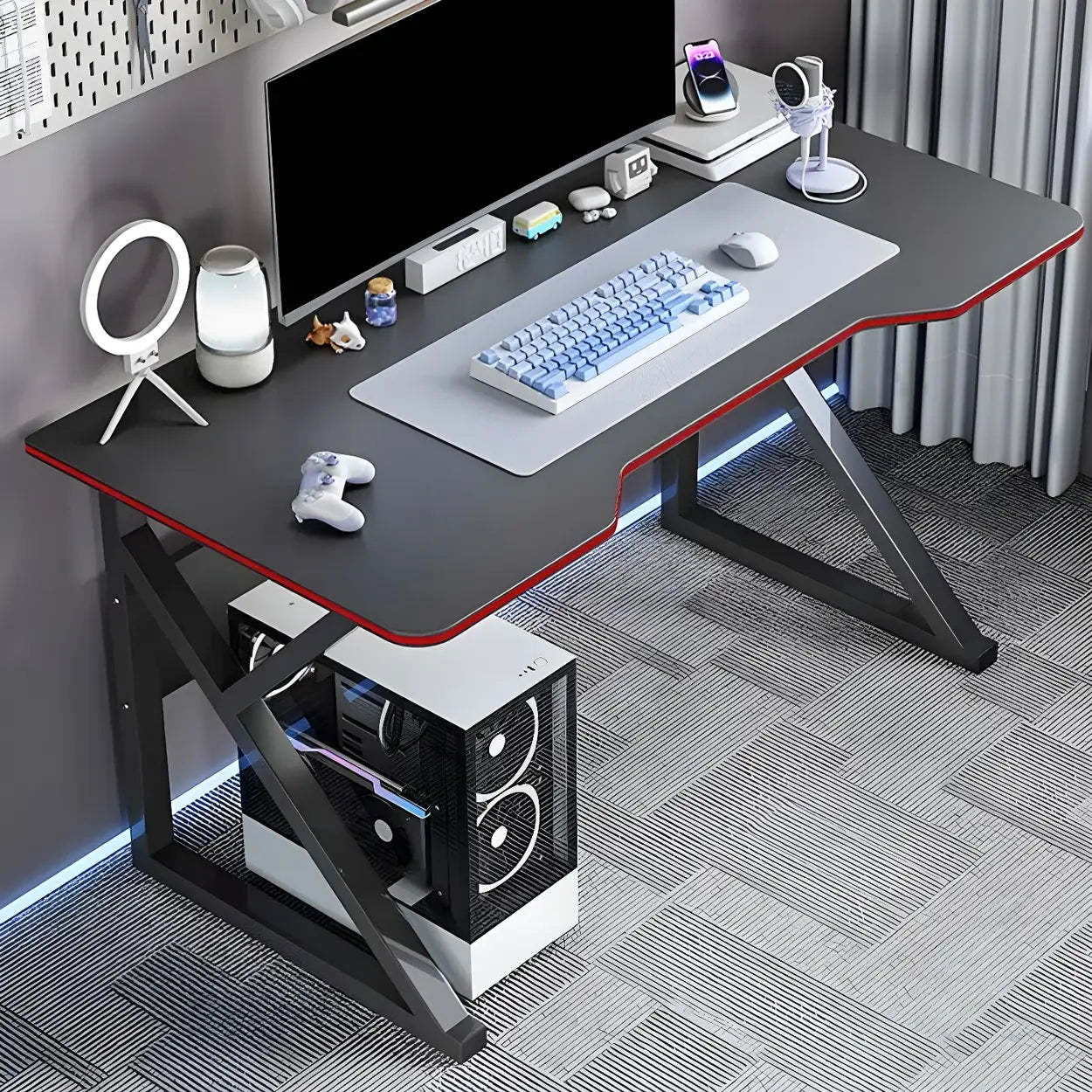 White Wood Steel Trestle Curved Computer Desk with Storage