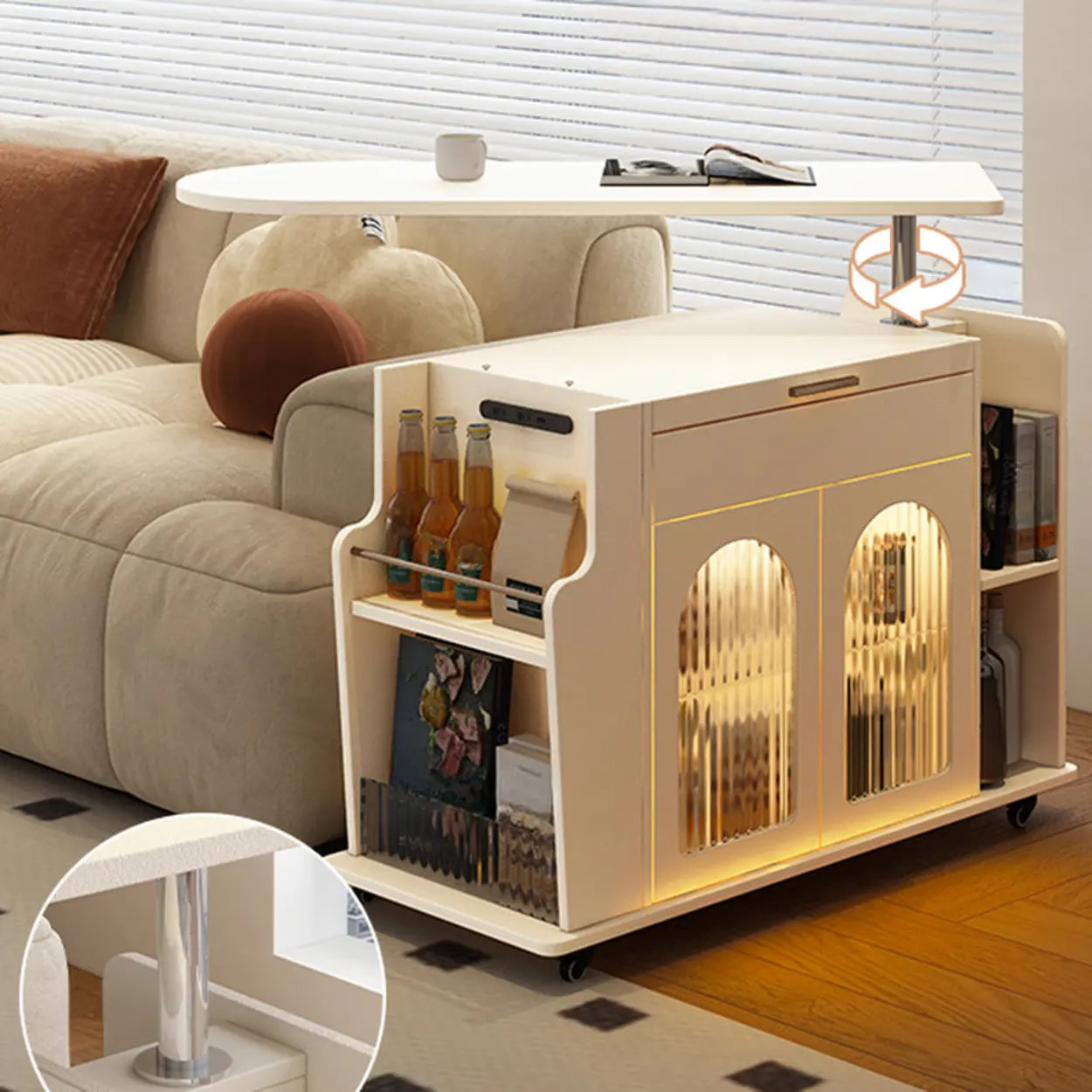 White Wood Swivel Adjustable Storage End Table — White