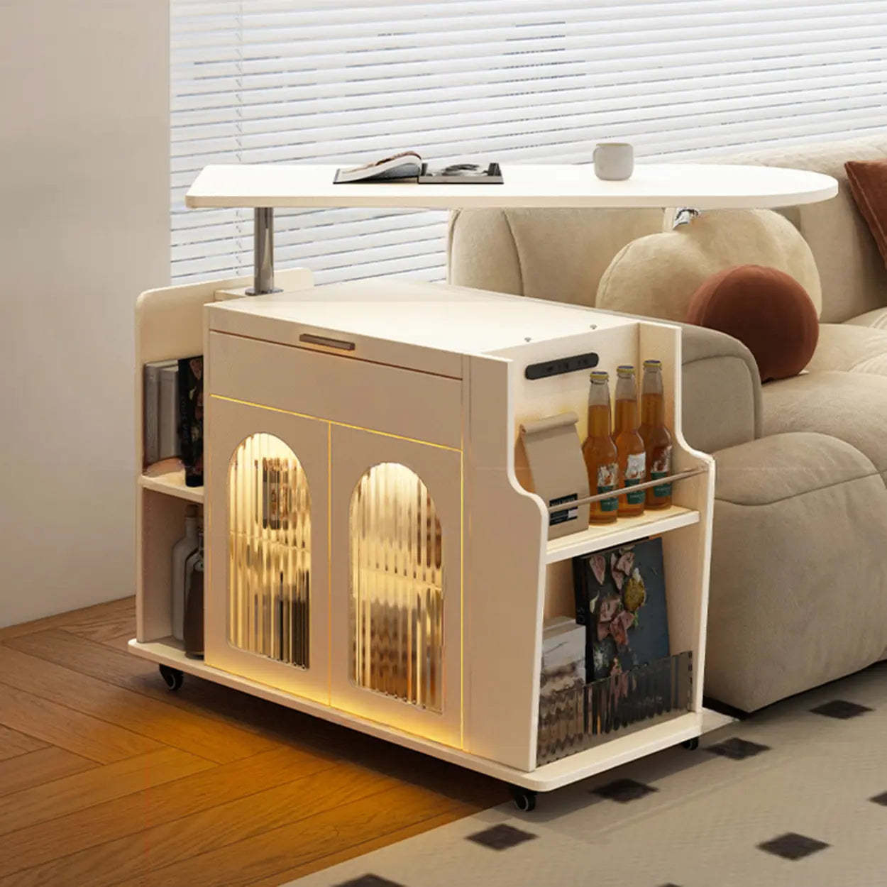 White Wood Swivel Adjustable Storage End Table