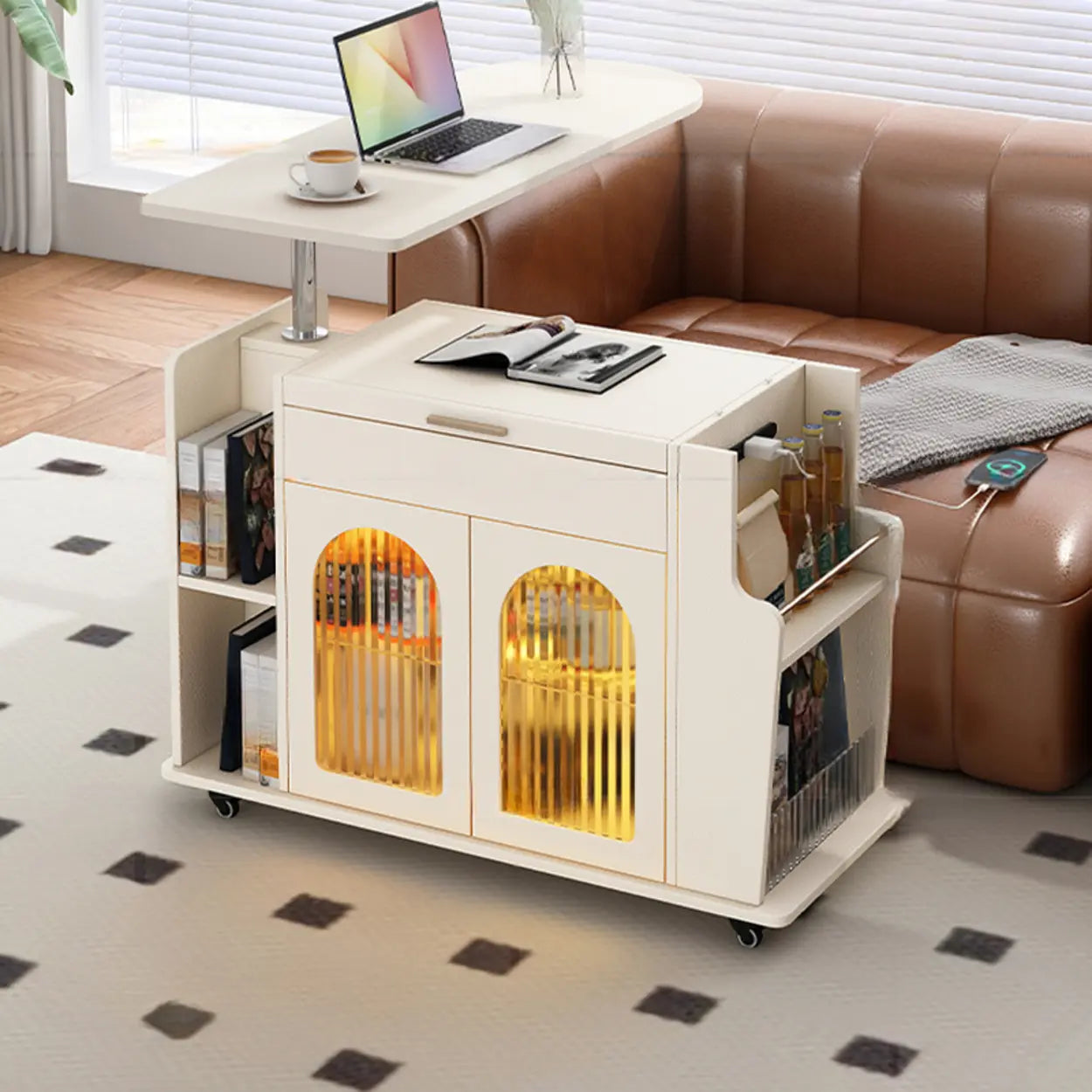 White Wood Swivel Adjustable Storage End Table